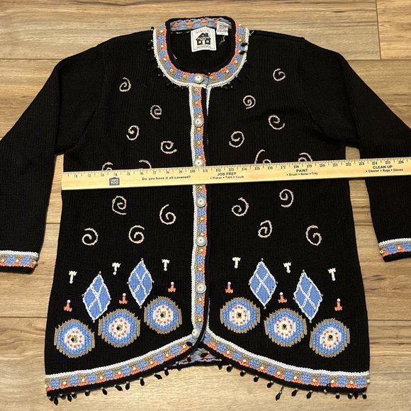 Storybook Knits Cardigan Sweater SZ Large Black Deco Glamour Knit Beaded - Picture 8 of 12